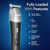 AGARO hair trimmer with features listed on a blue background