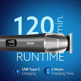 Hair trimmer with Agaro branding on a blue background displaying runtime and charging information.