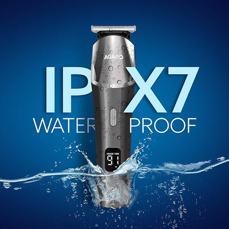 hair trimmer with water splashes on a blue background, highlighting IPX7 waterproof feature.