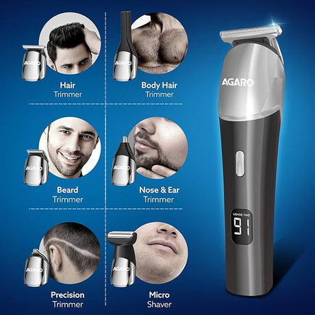 AGARO trimmer with various grooming uses on a blue background