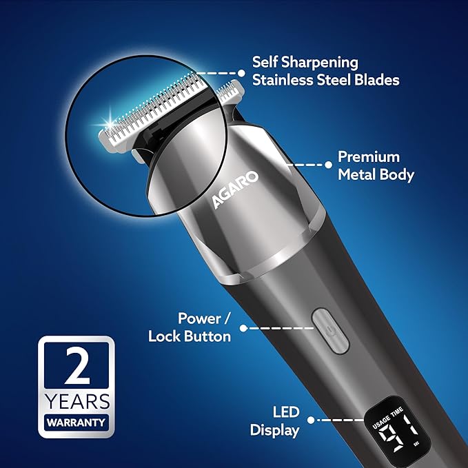 AGARO grooming tool with labeled features on a blue background