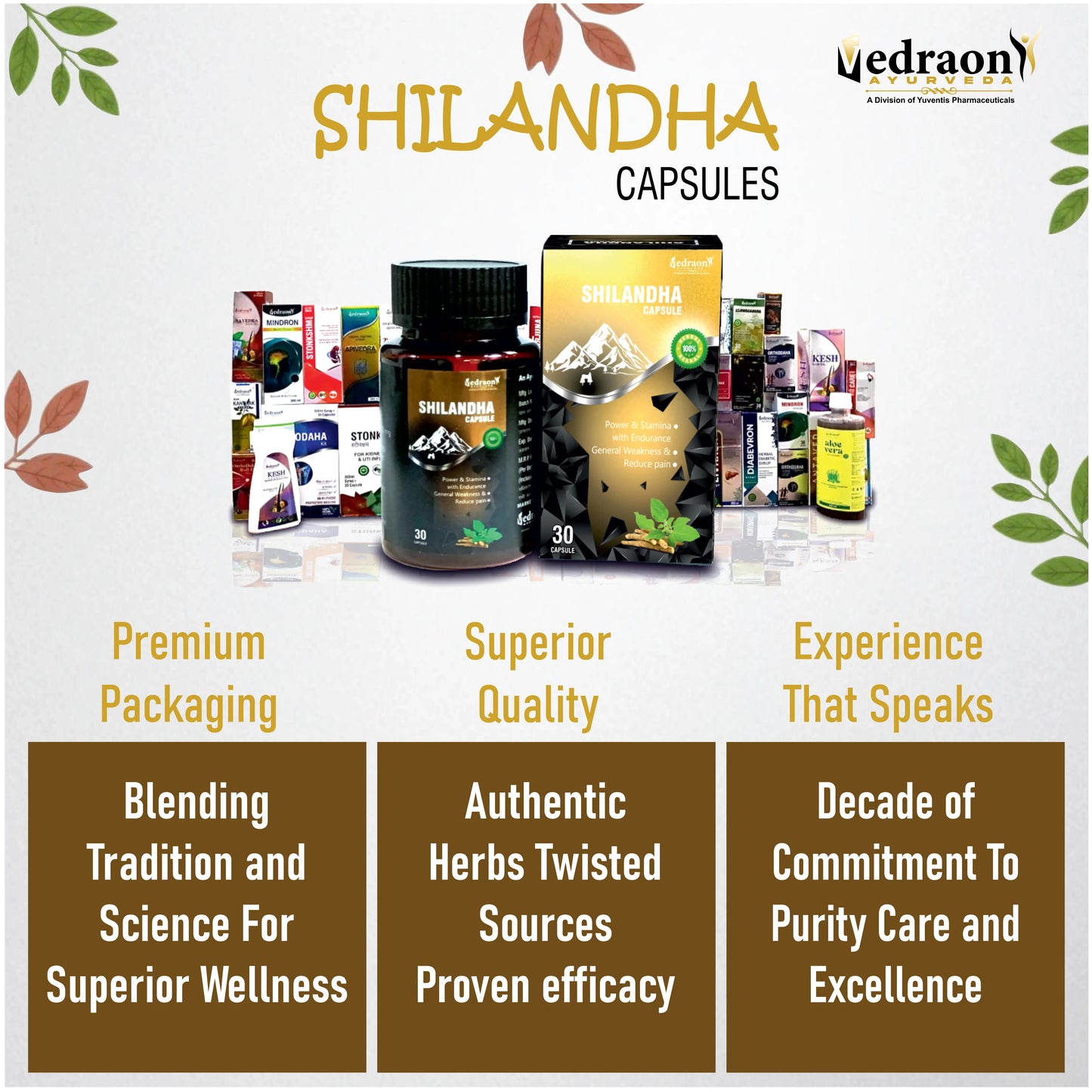 Promotional image of Shilandha capsules with product packaging and Vedraon branding.