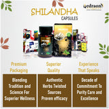 Promotional image of Shilandha capsules with product packaging and Vedraon branding.