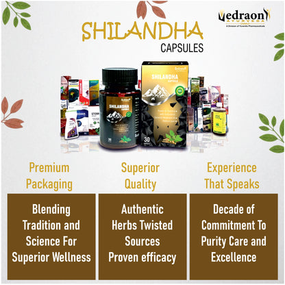 Promotional image of Shilandha capsules with product packaging and Vedraon branding.