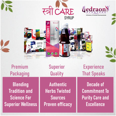 Vedraon Ayurveda products with text highlighting features like premium packaging and superior quality.
