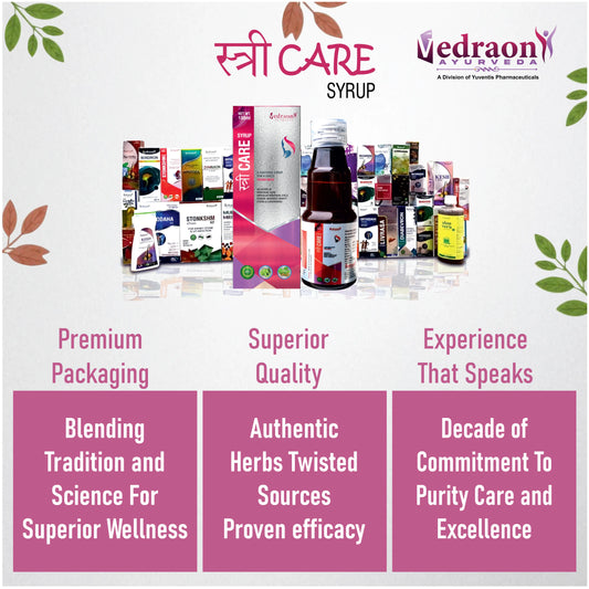 Vedraon Ayurveda products with text highlighting features like premium packaging and superior quality.
