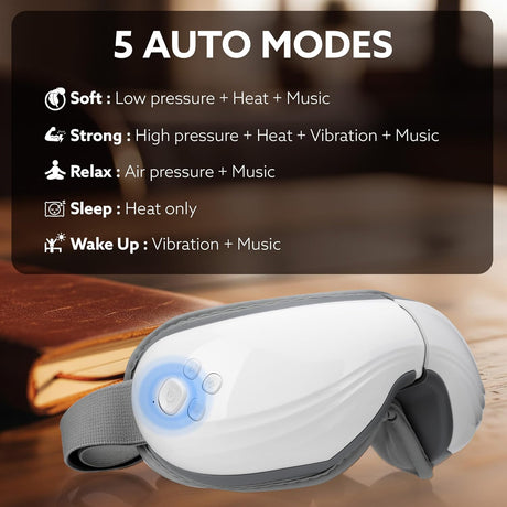 White and gray electronic device with 5 auto modes displayed on a blurred background