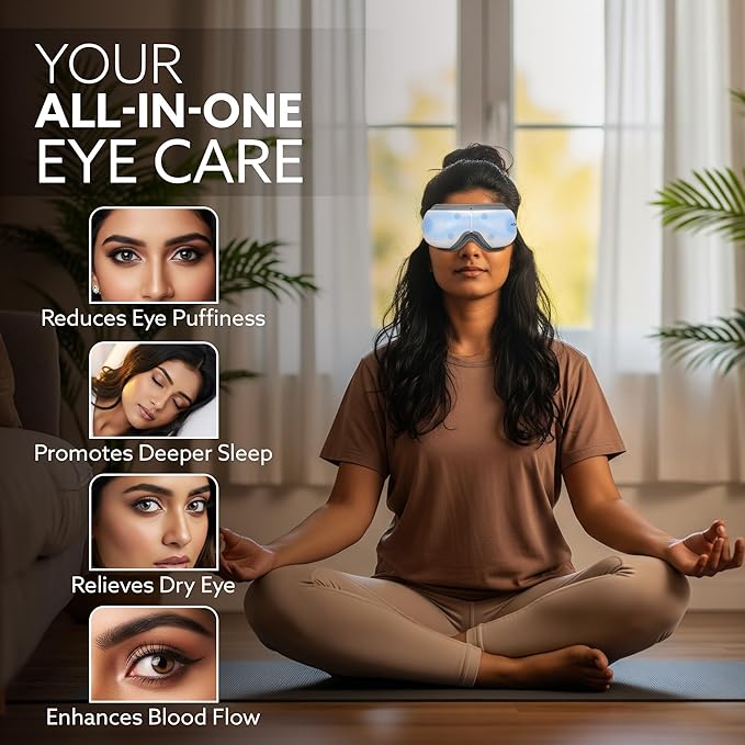 Woman wearing an eye mask with text about all-in-one eye care benefits
