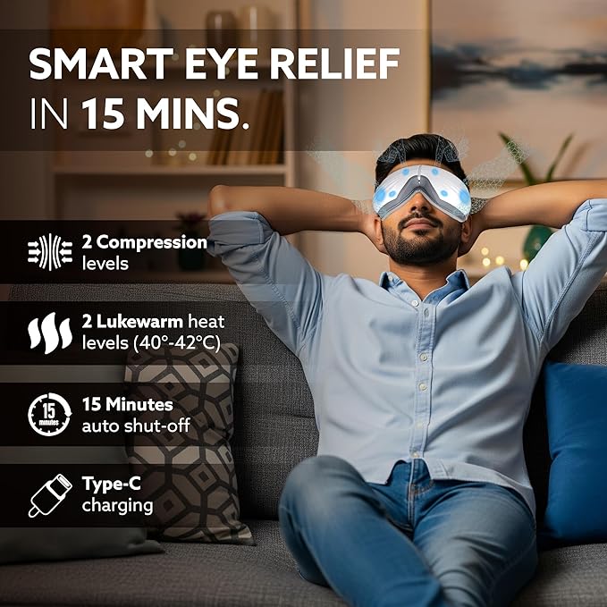 Man using a smart eye relief mask with product features displayed.