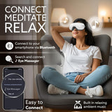 Woman using an eye massager with text on connecting and relaxing