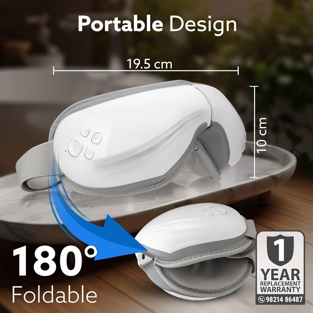 Foldable white and gray device with measurements and warranty information on a blurred background