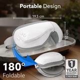 Foldable white and gray device with measurements and warranty information on a blurred background