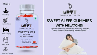 Sweet Sleep Gummies with Melatonin packaging and promotional image on a light purple background