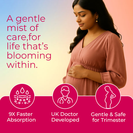 Pregnant woman with promotional text and icons about a product for expectant mothers.