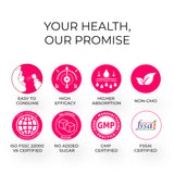 Promotional graphic with health and safety certification icons and text on a white background