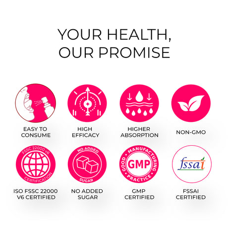 Promotional graphic with health and safety certification icons and text on a white background