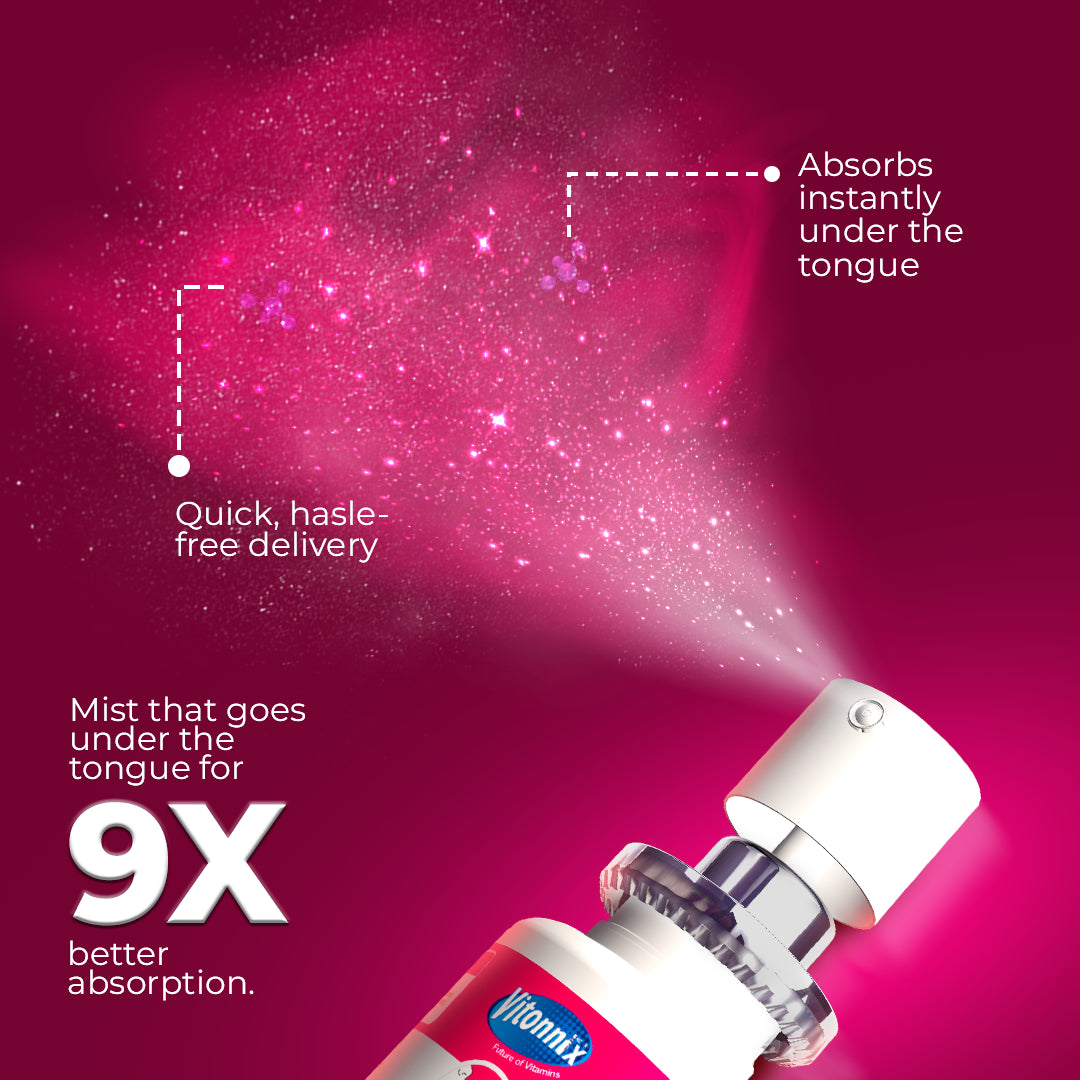 Vitamin supplement with a spray mechanism on a pink background, highlighting features like quick delivery and better absorption.