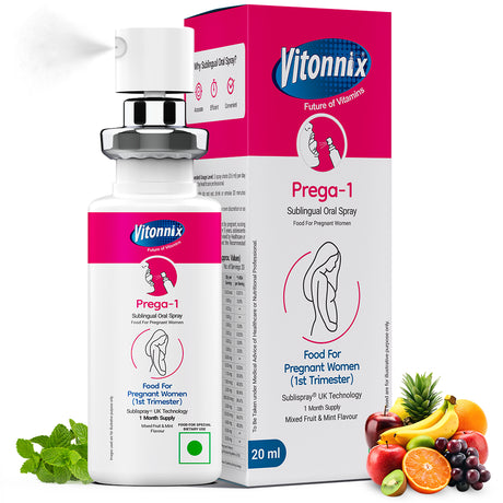 Vitonnix Prega-1 sublingual oral spray bottle and packaging with fruits and mint leaves on a white background